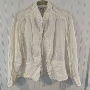 Coldwater Creek White Frayed-Collar Linen Button Jacket